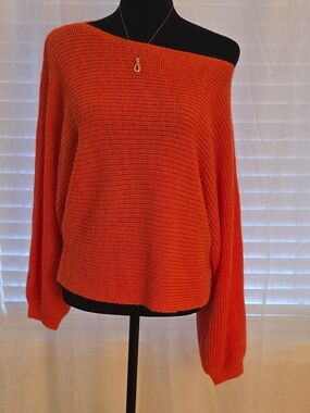 cupcakes & cashmere Off-the-Shoulder Knit Sweater in Bright Orange